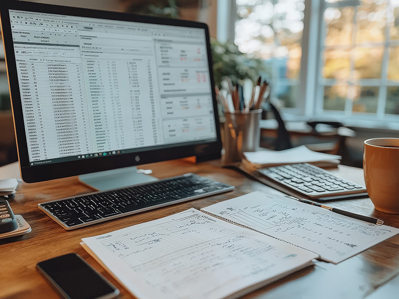 Bureau de travail organisé avec écran, documents, cahier de notes et café — ambiance productive